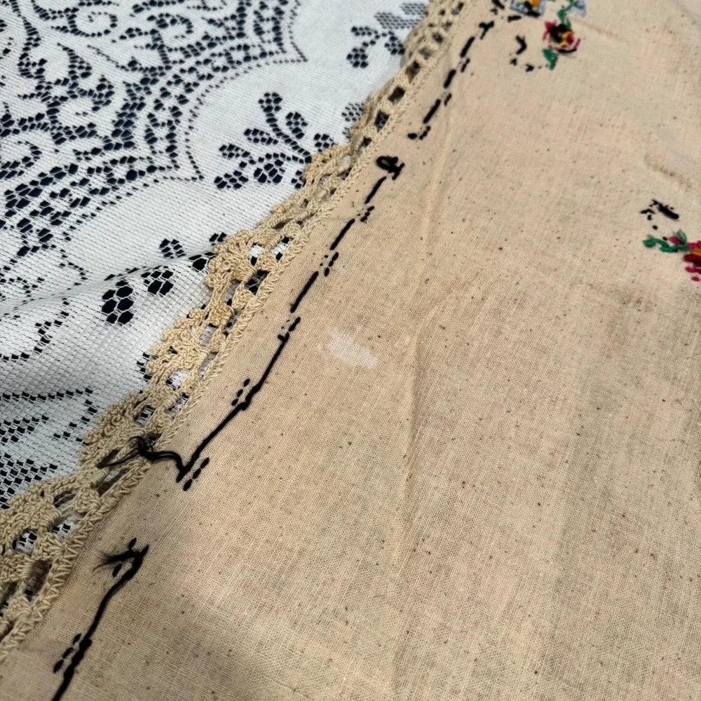 Vintage Embroidered Table Cloth Colorful Floral Cross Stitch Crochet‎ Edge 48x53